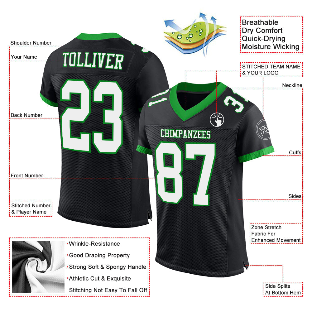 Custom Black White-Grass Green Mesh Authentic Football Jersey Limited
