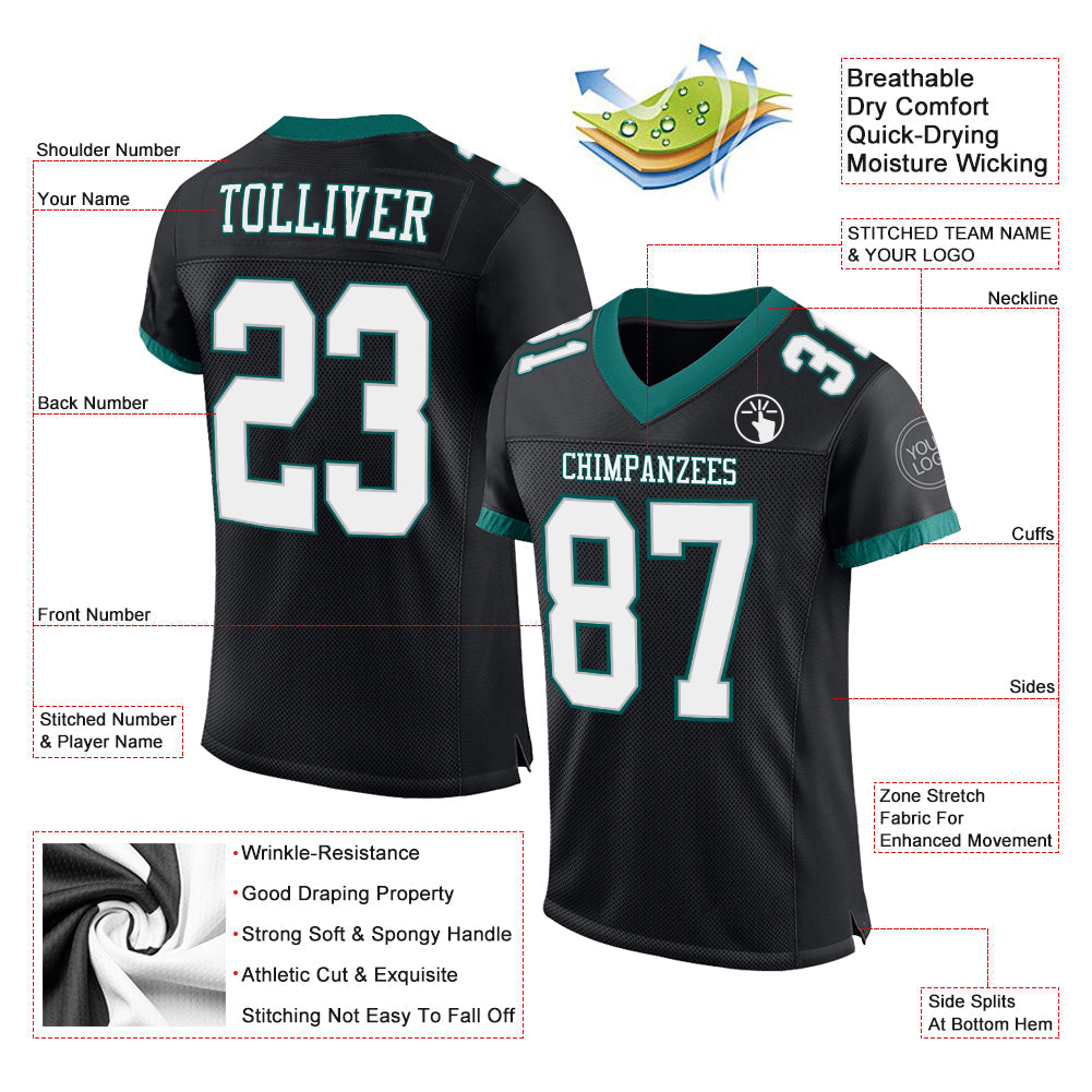 Custom Black White-Midnight Green Mesh Authentic Football Jersey Limited