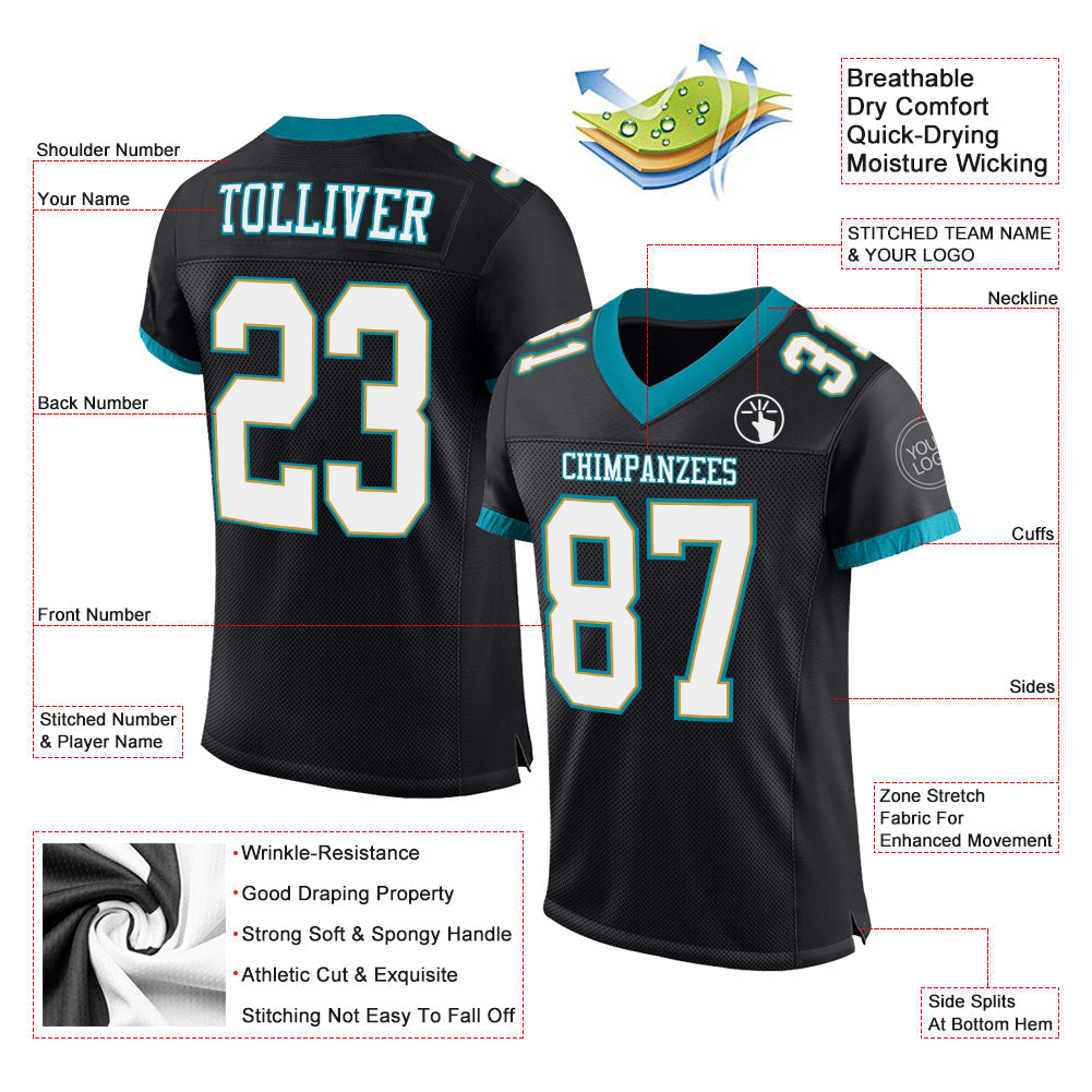 Custom Black White-Teal Mesh Authentic Football Jersey Limited