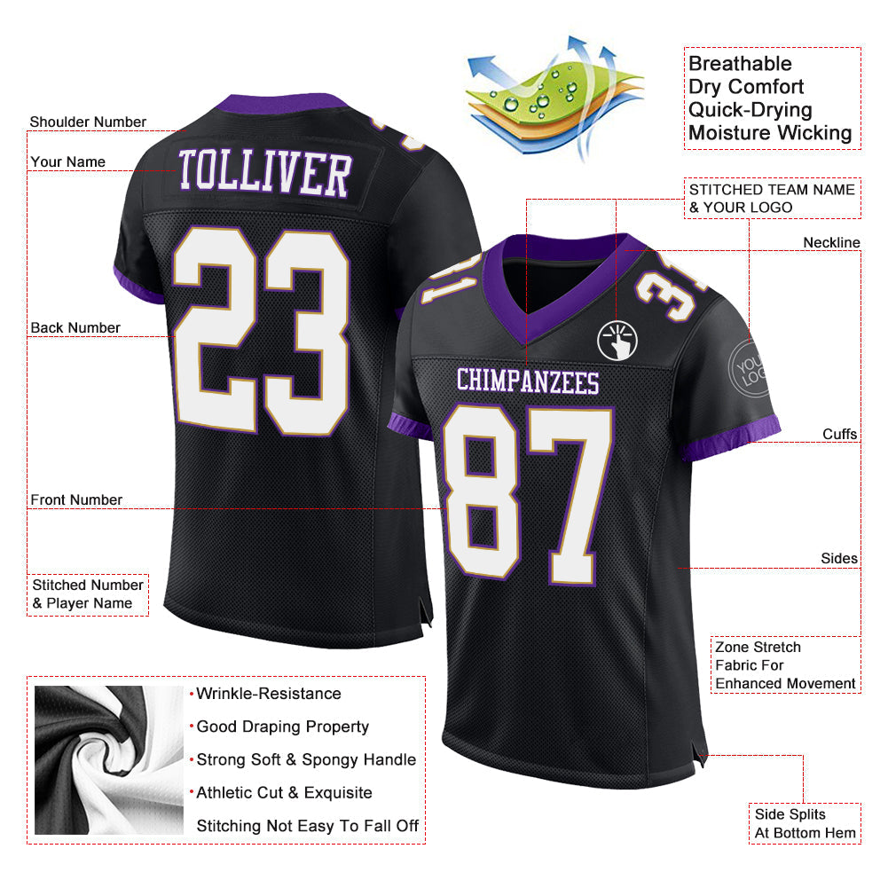Custom Black White-Purple Mesh Authentic Football Jersey Limited