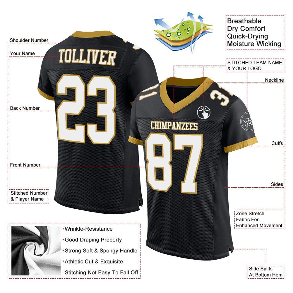 Custom Black White-Old Gold Mesh Authentic Football Jersey Limited