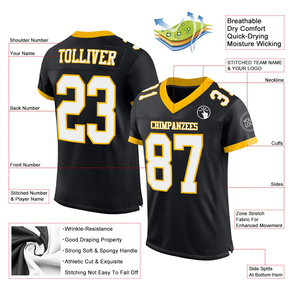 Custom Black White-Gold Mesh Authentic Football Jersey Limited