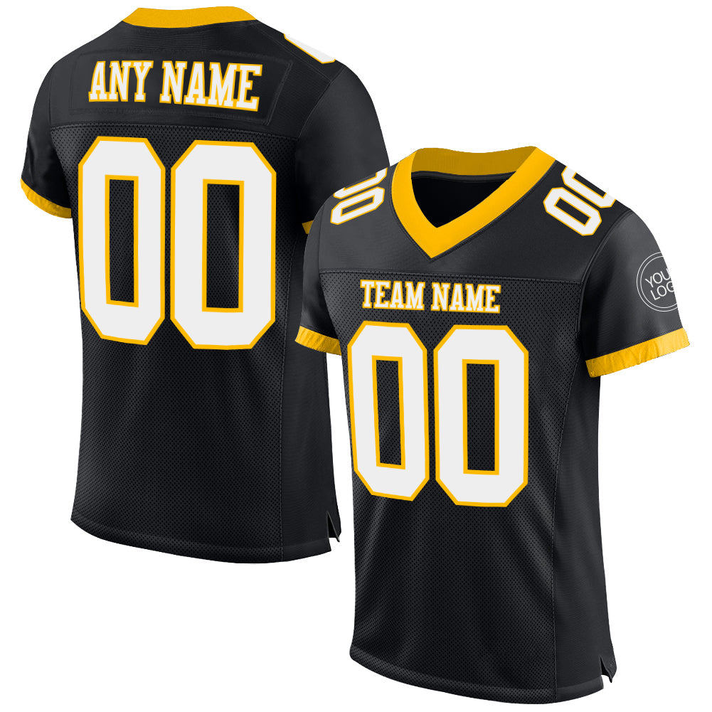 Custom Black White-Gold Mesh Authentic Football Jersey Limited