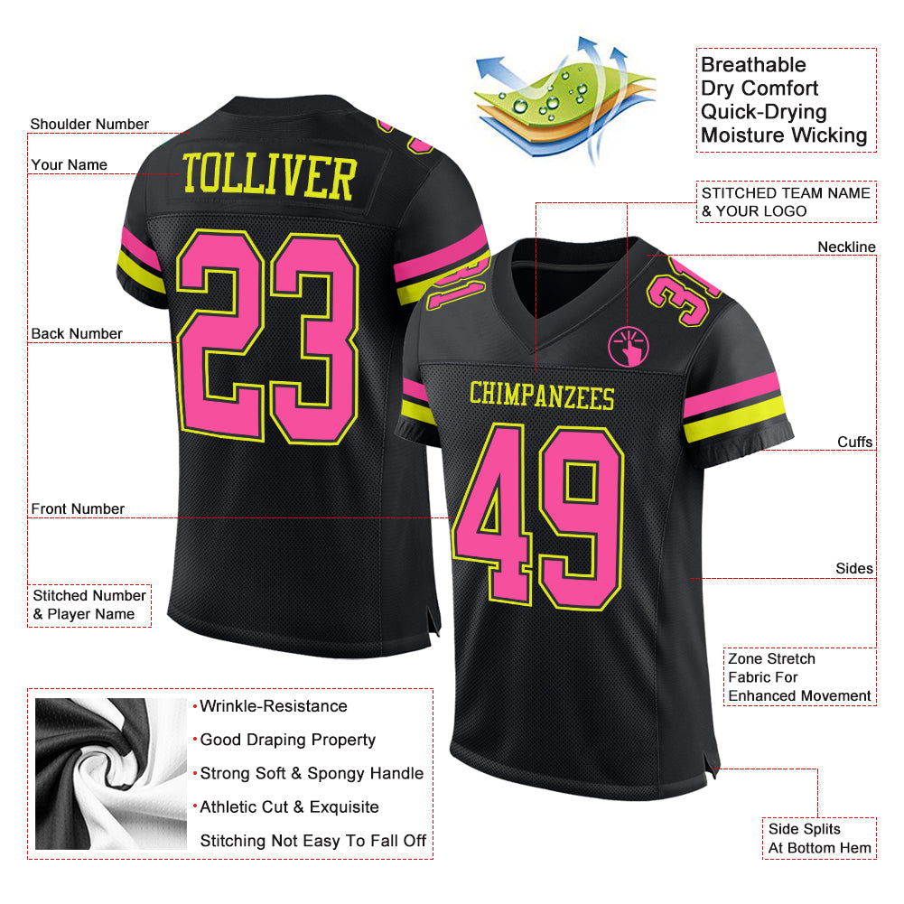 Custom Black Pink-Neon Yellow Mesh Authentic Football Jersey Limited