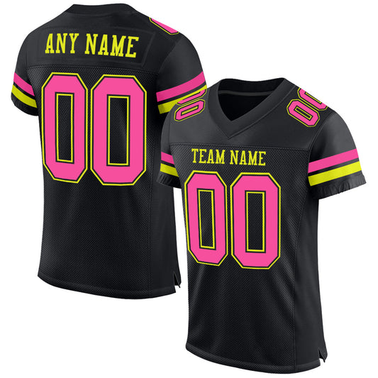 Custom Black Pink-Neon Yellow Mesh Authentic Football Jersey Limited