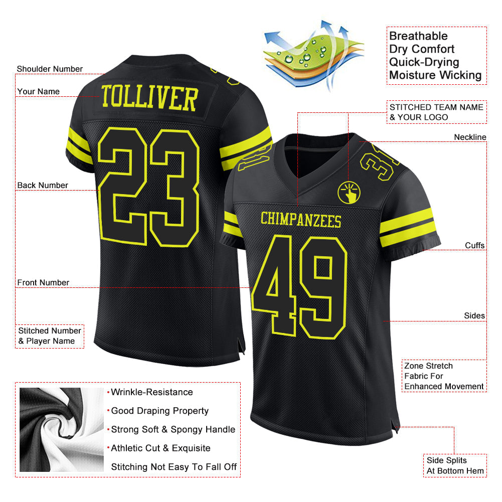 Custom Black Neon Yellow Mesh Authentic Football Jersey Limited