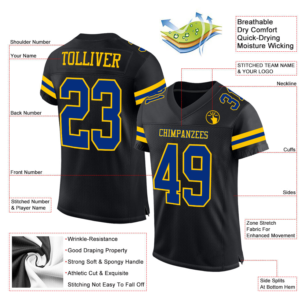 Custom Black Royal-Yellow Mesh Authentic Football Jersey Limited