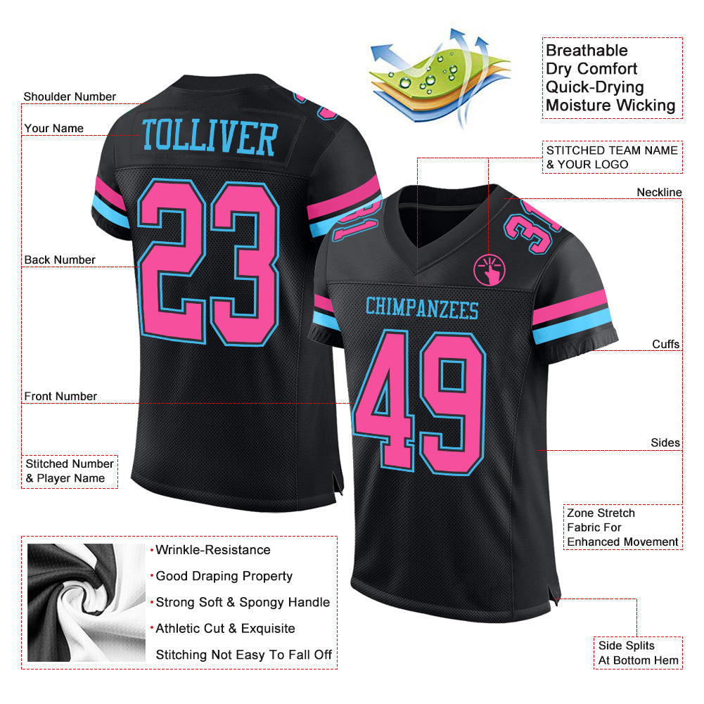 Custom Black Pink-Sky Blue Mesh Authentic Football Jersey Limited