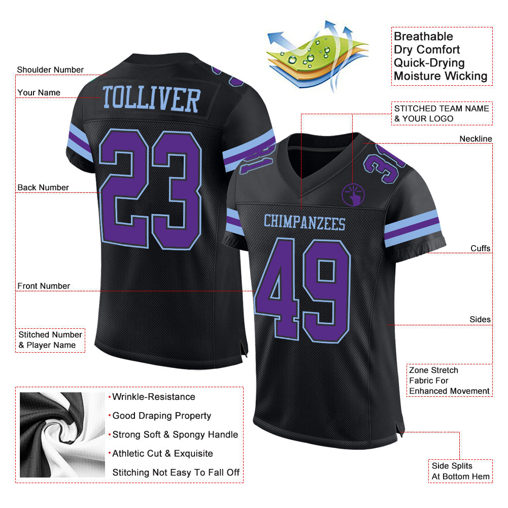 Custom Black Purple-Light Blue Mesh Authentic Football Jersey Limited