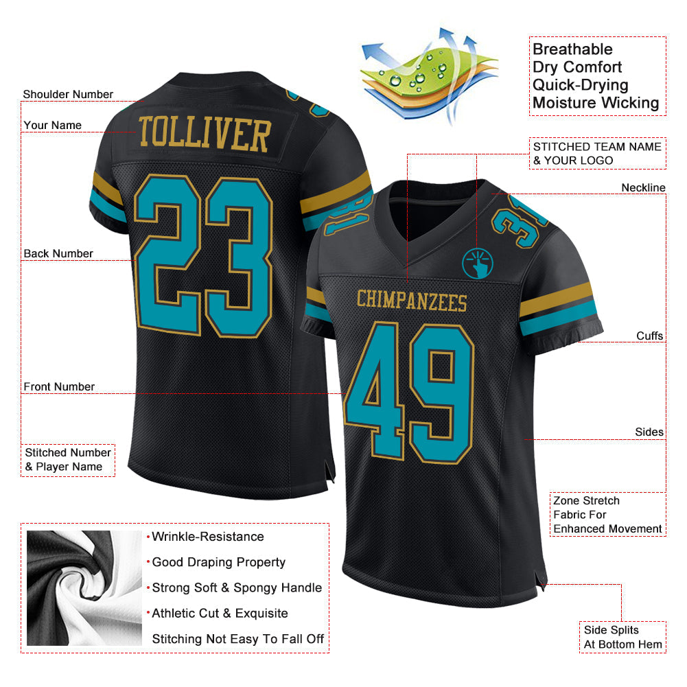 Custom Black Teal-Old Gold Mesh Authentic Football Jersey Limited