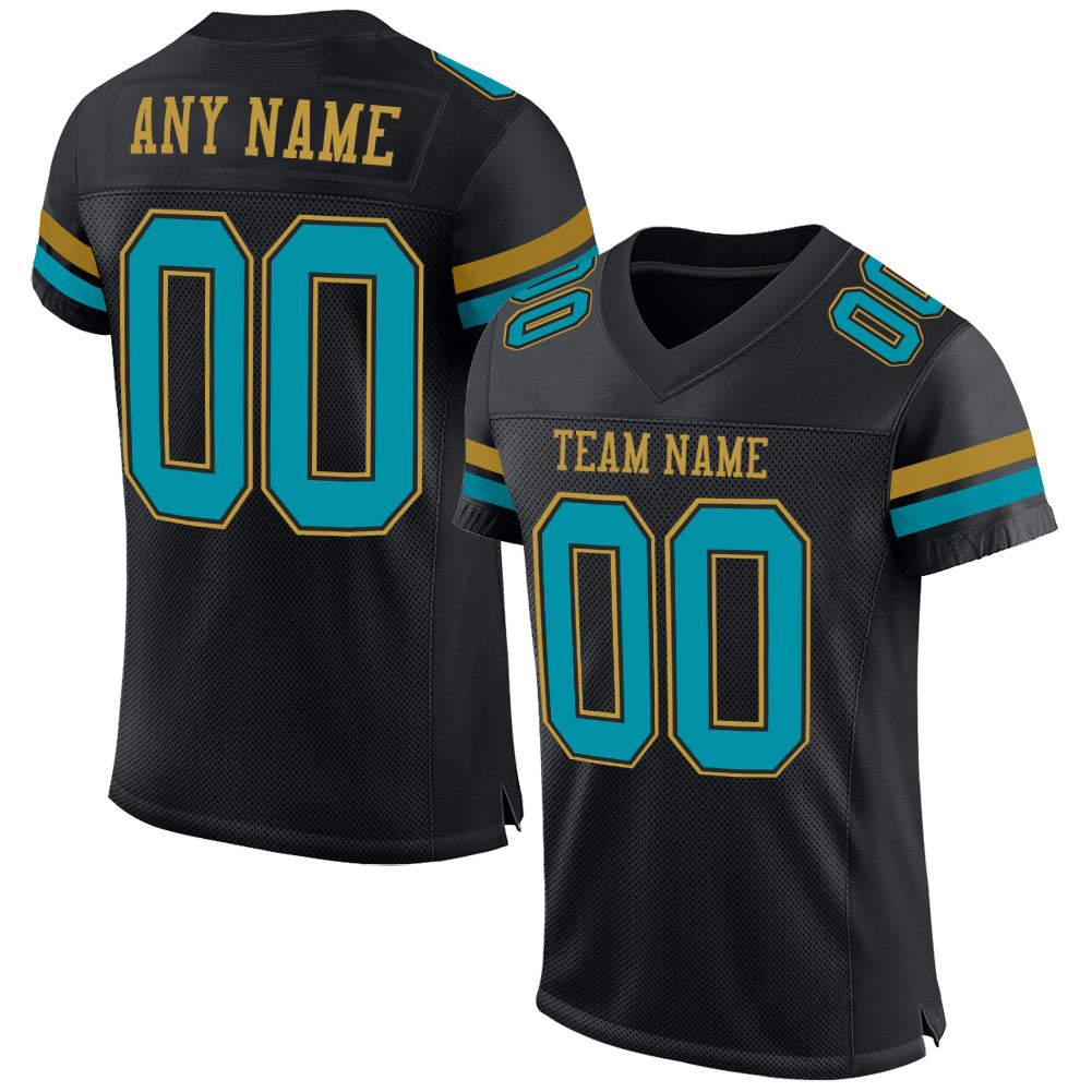 Custom Black Teal-Old Gold Mesh Authentic Football Jersey Limited