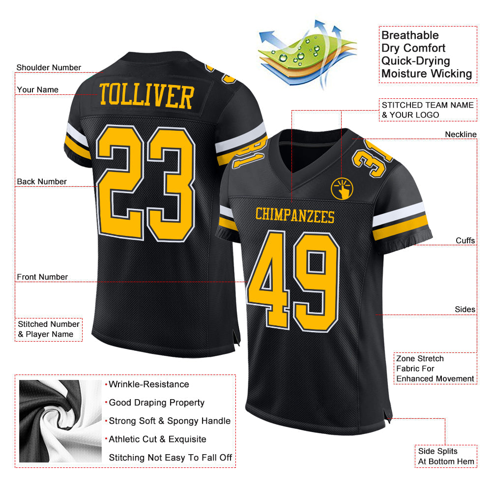 Custom Black Gold-White Mesh Authentic Football Jersey Limited