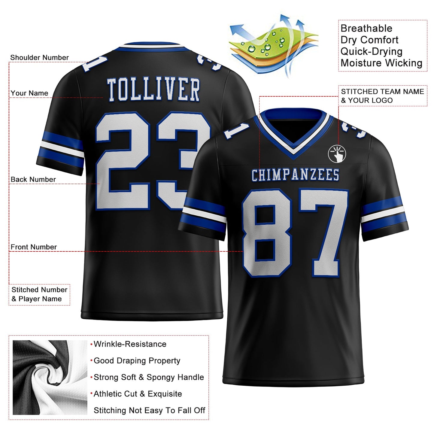 Custom Black White-Royal Mesh Authentic Football Jersey Limited
