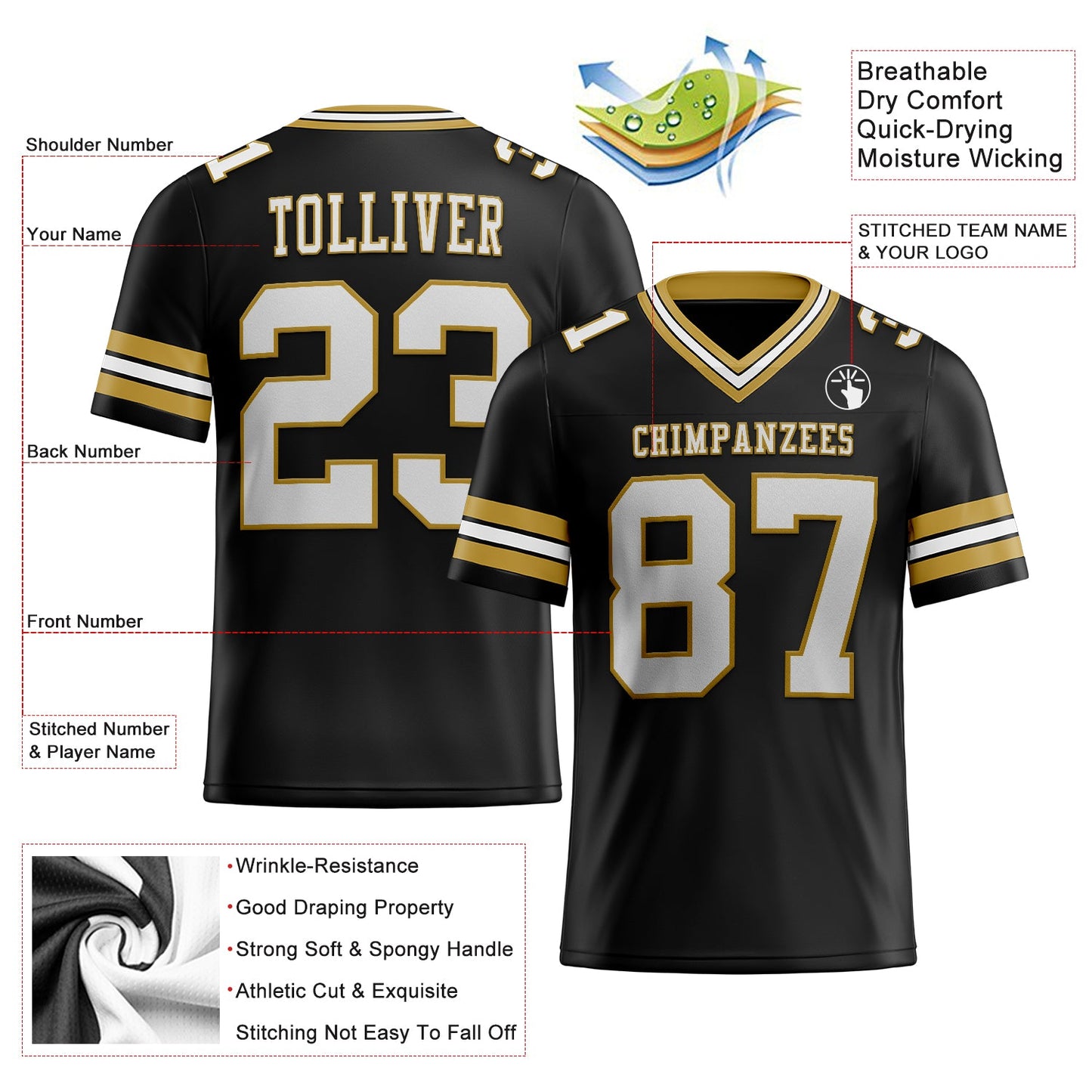 Custom Black White-Old Gold Mesh Authentic Football Jersey Limited