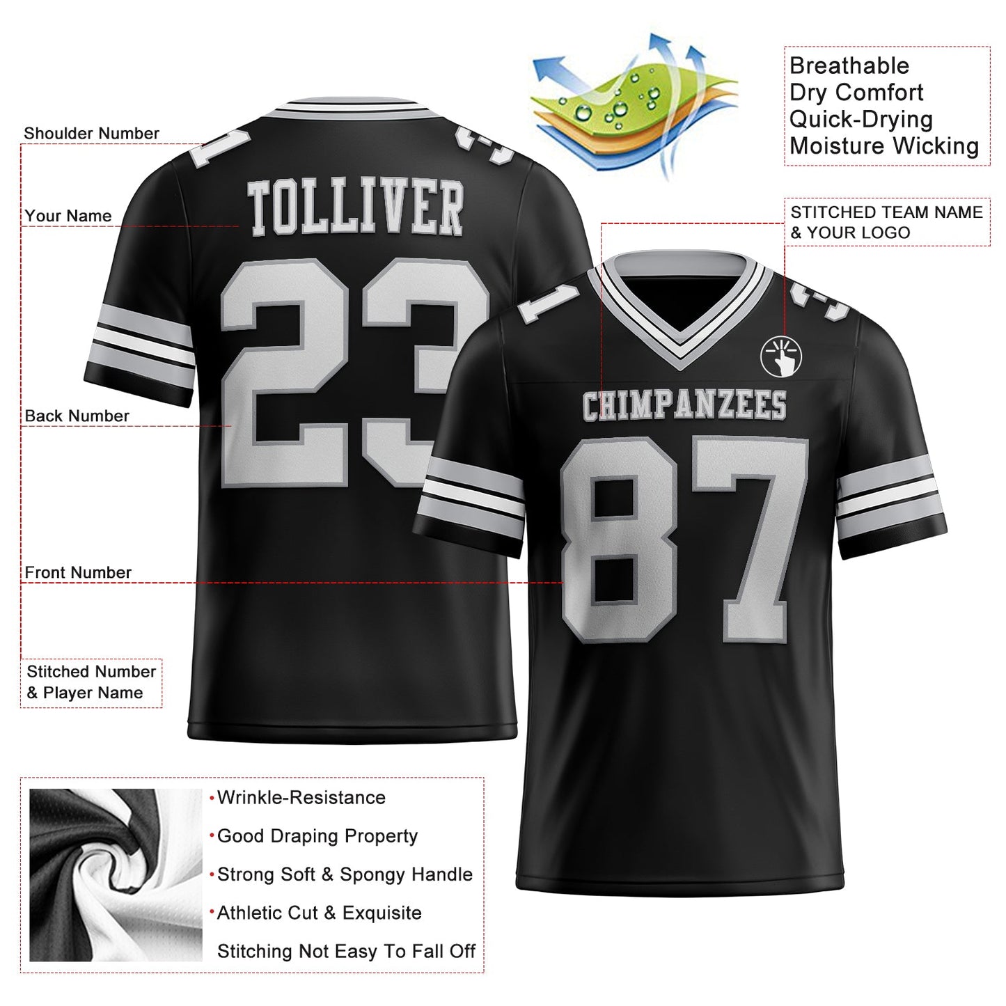 Custom Black White-Gray Mesh Authentic Football Jersey Limited