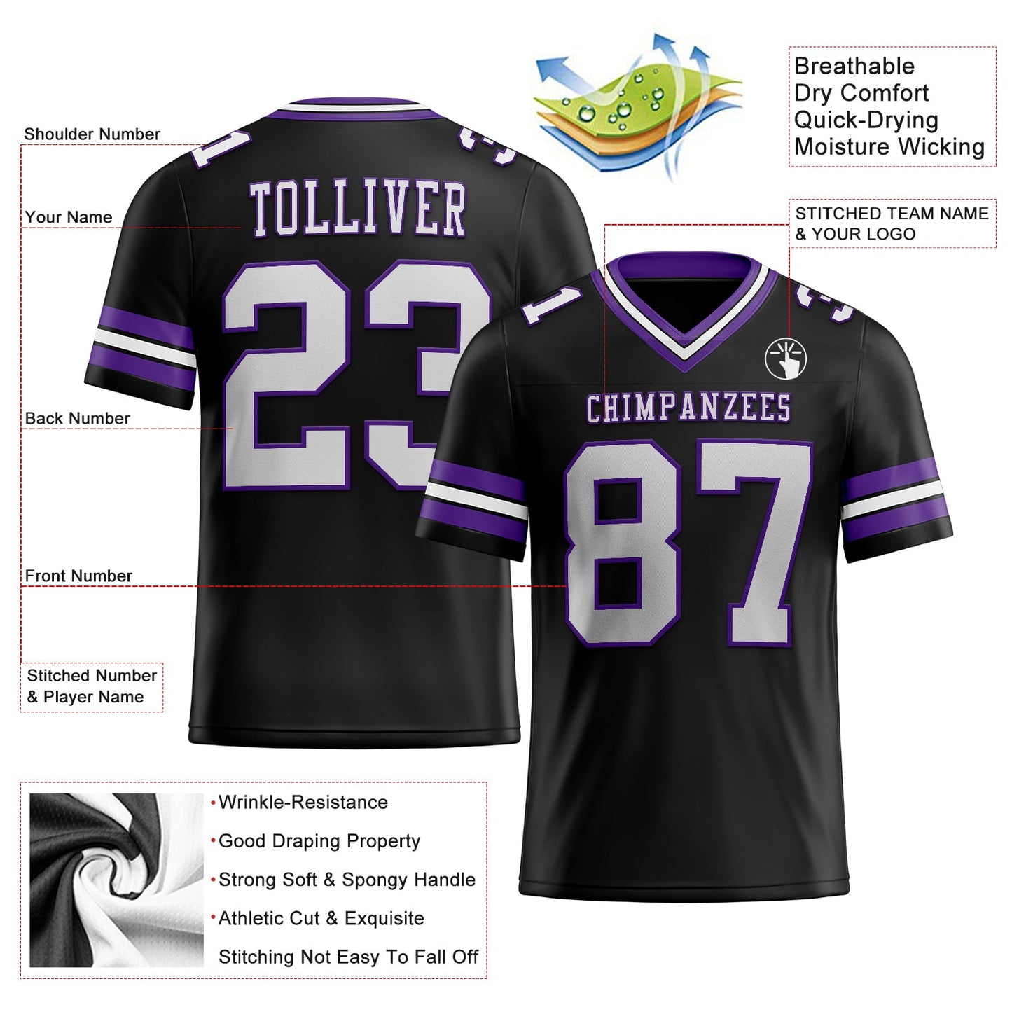 Custom Black White-Purple Mesh Authentic Football Jersey Limited