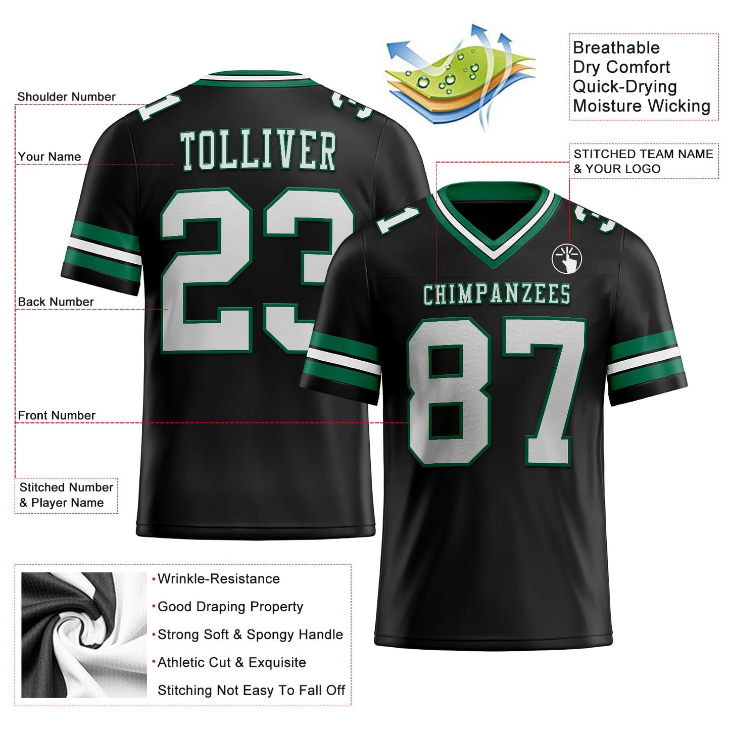 Custom Black White-Kelly Green Mesh Authentic Football Jersey Limited