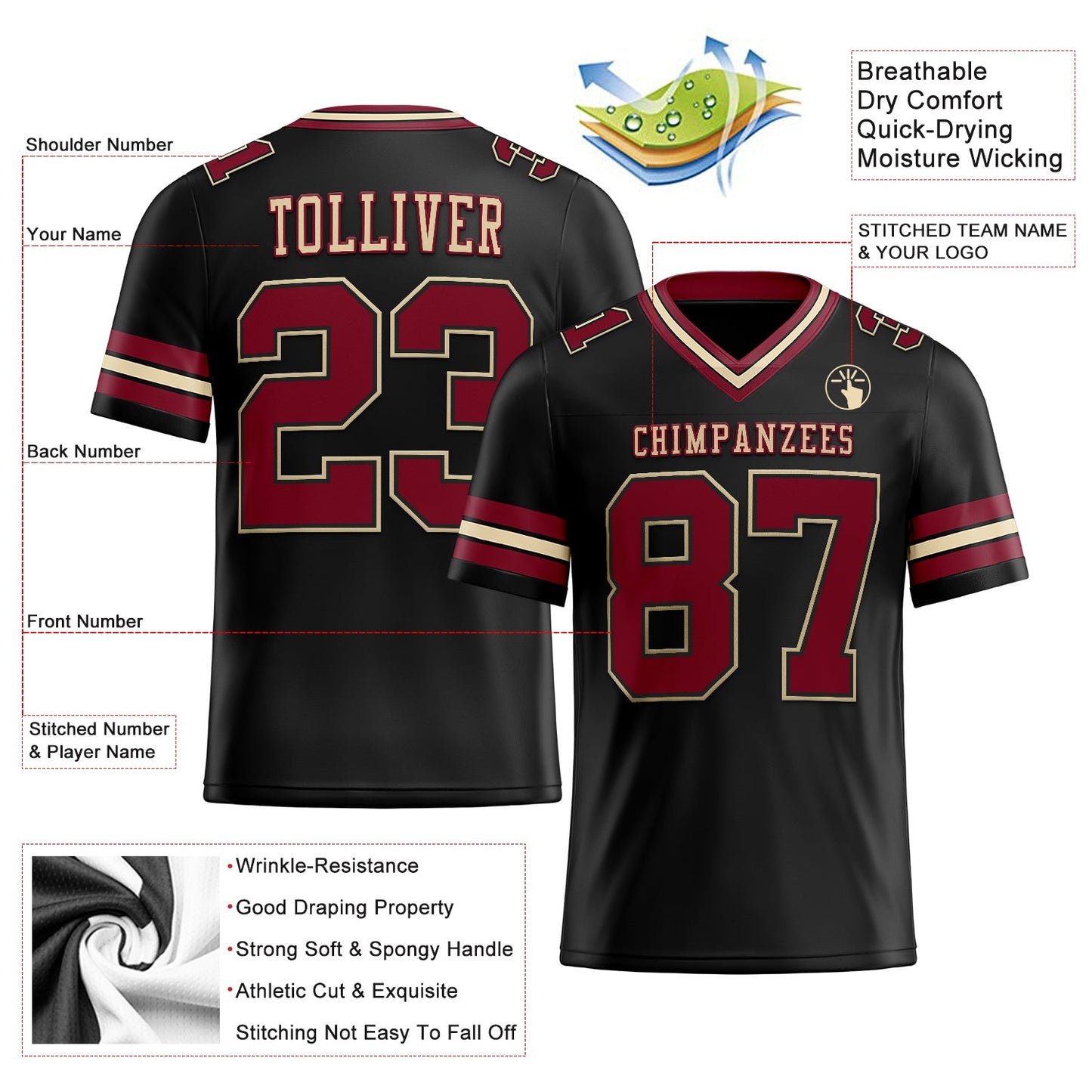 Custom Black Crimson-City Cream Mesh Authentic Football Jersey Limited