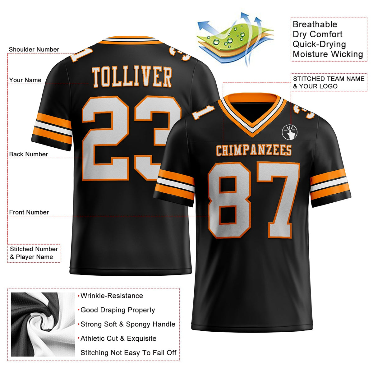 Custom Black White-Bay Orange Mesh Authentic Football Jersey Limited
