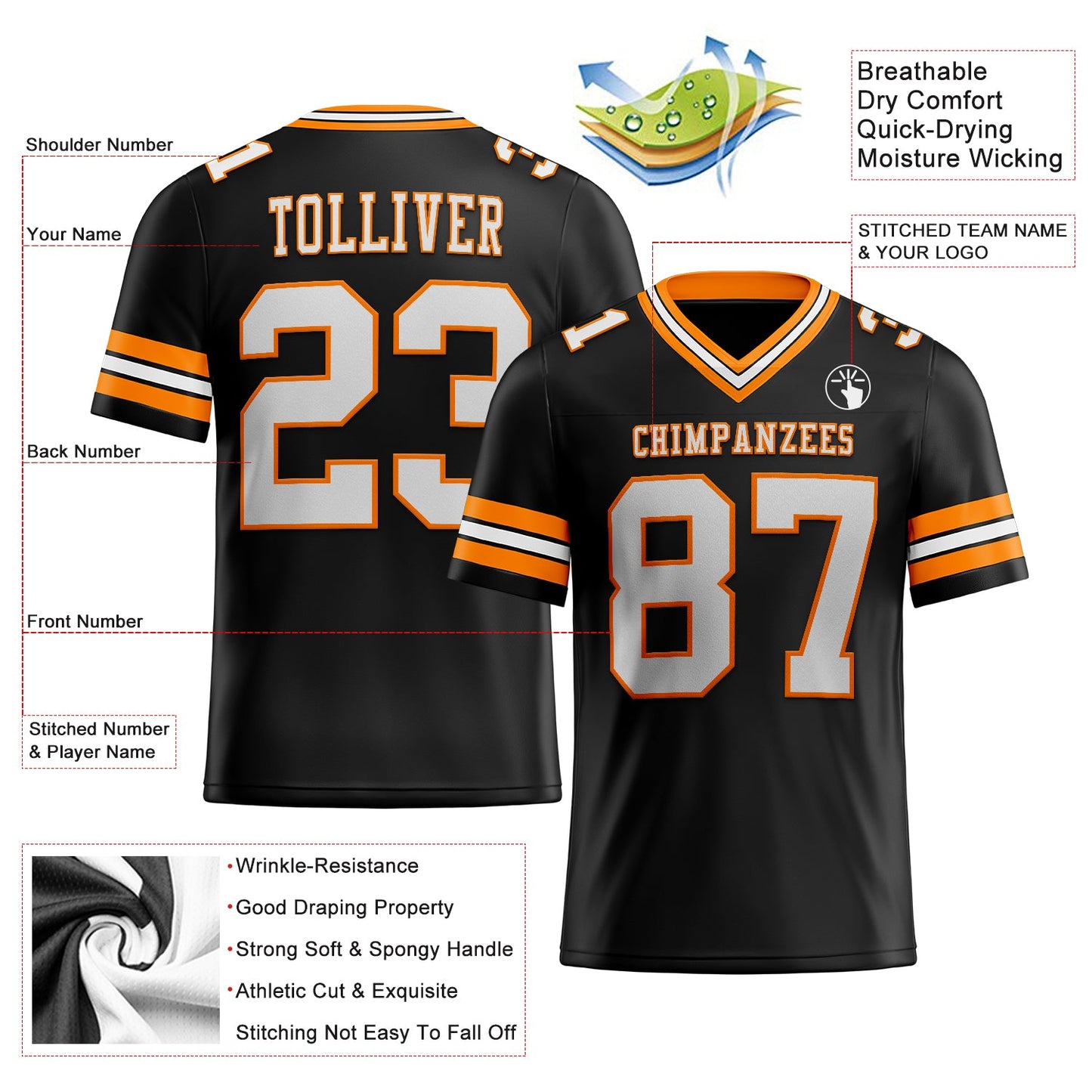 Custom Black White-Bay Orange Mesh Authentic Football Jersey Limited