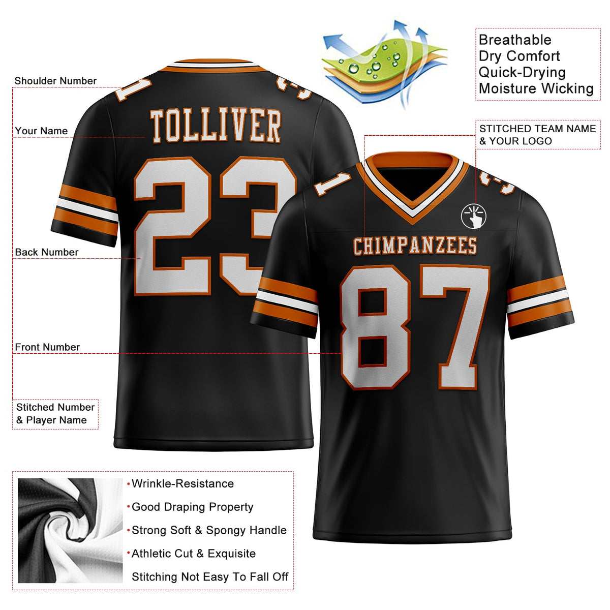 Custom Black White-Texas Orange Mesh Authentic Football Jersey Limited