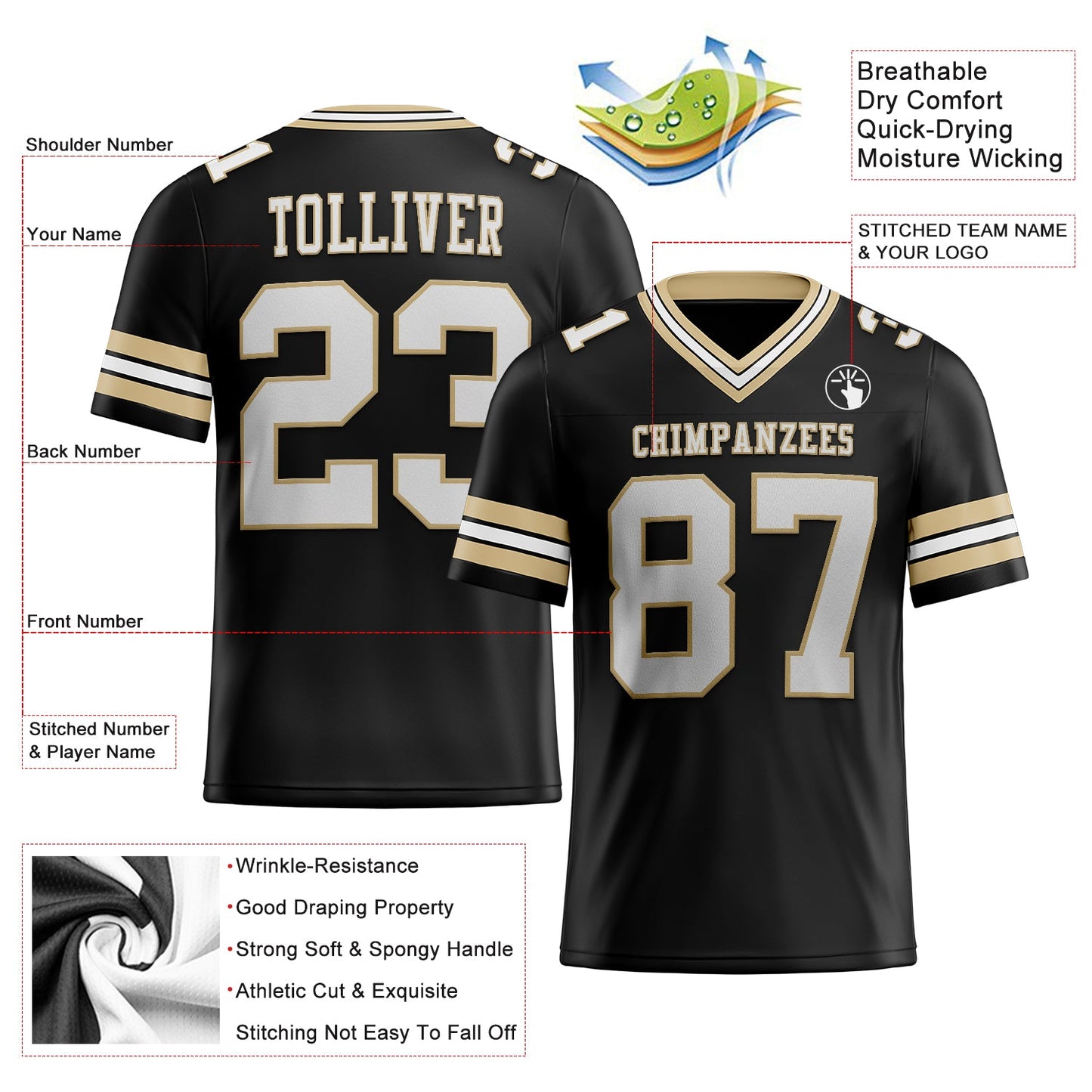 Custom Black White-Vegas Gold Mesh Authentic Football Jersey Limited