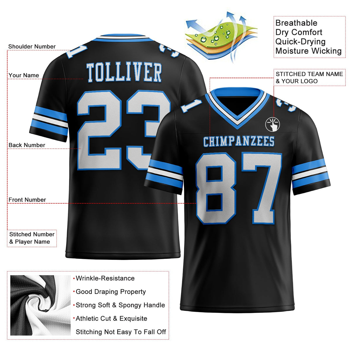 Custom Black White-Electric Blue Mesh Authentic Football Jersey Limited