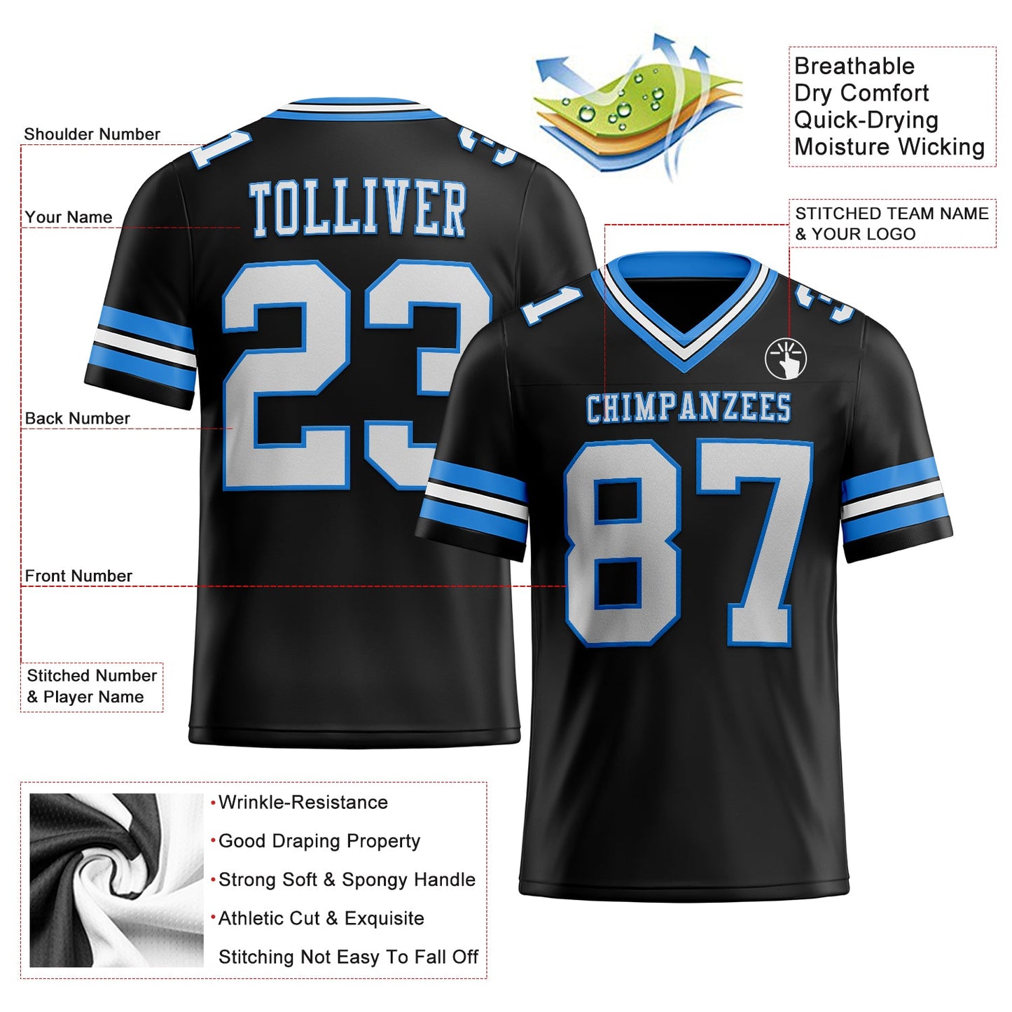 Custom Black White-Electric Blue Mesh Authentic Football Jersey Limited