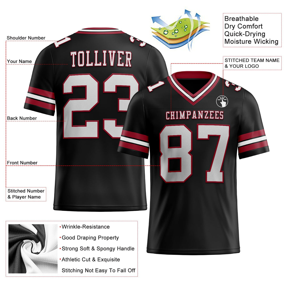 Custom Black White-Cardinal Mesh Authentic Football Jersey Limited