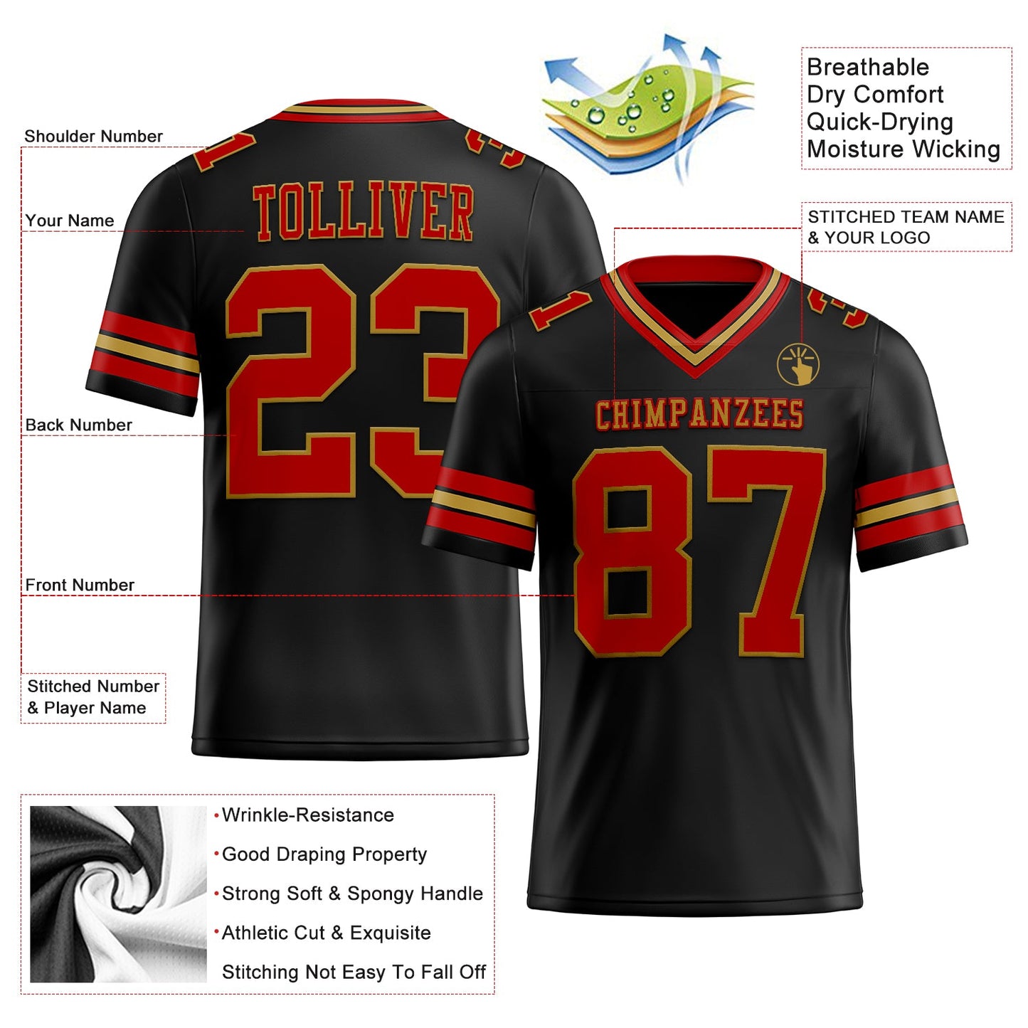 Custom Black Red-Old Gold Mesh Authentic Football Jersey Limited