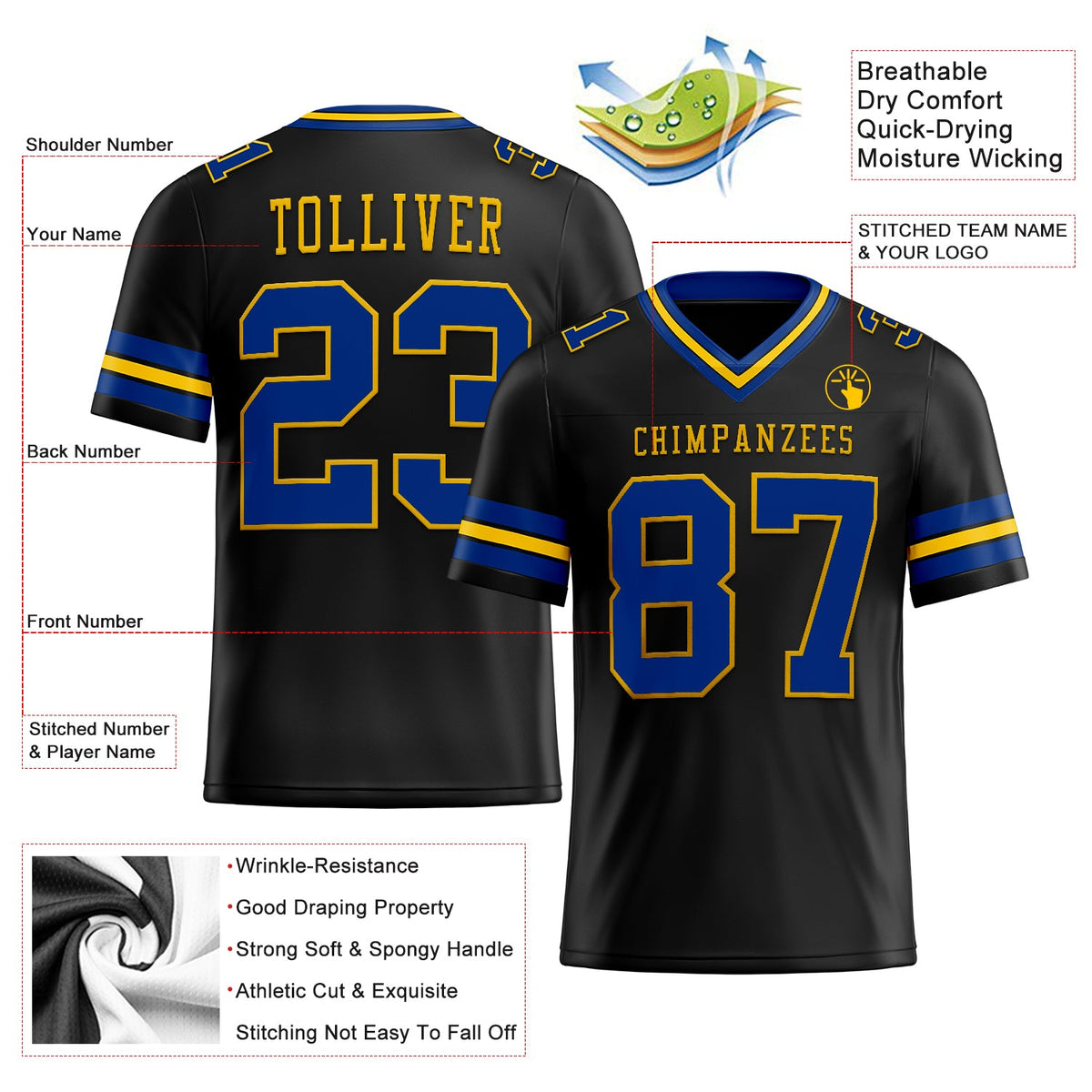 Custom Black Royal-Yellow Mesh Authentic Football Jersey Limited
