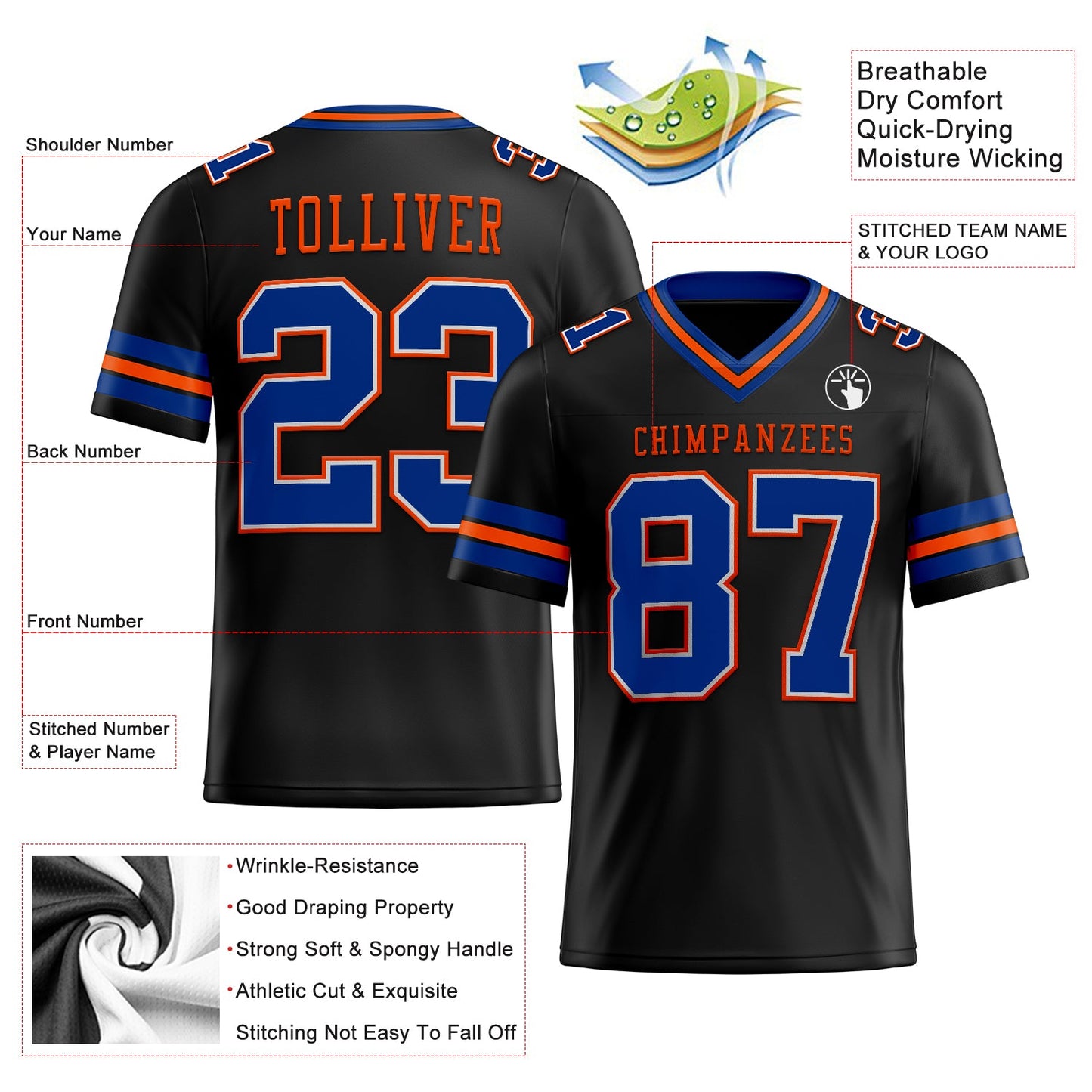Custom Black Royal-Orange Mesh Authentic Football Jersey Limited