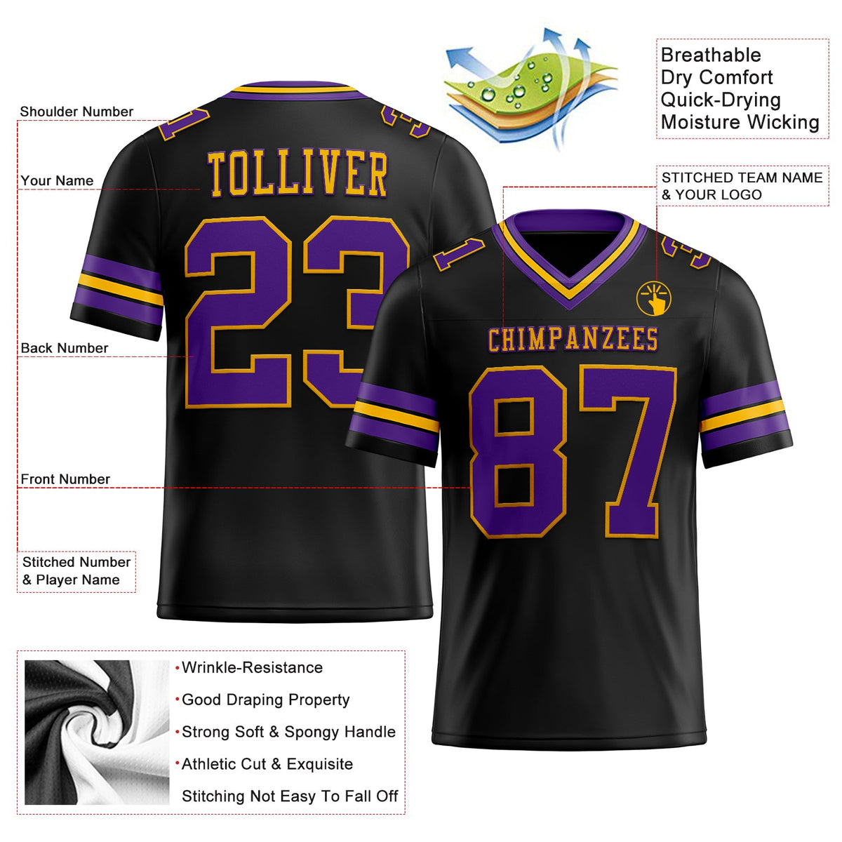 Custom Black Purple-Gold Mesh Authentic Football Jersey Limited