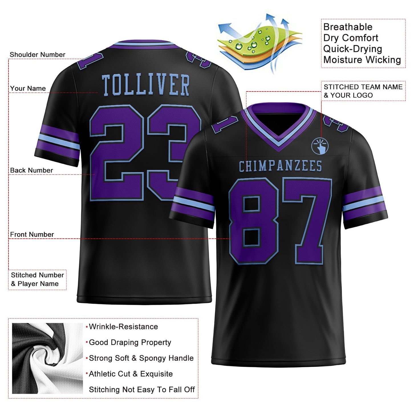 Custom Black Purple-Light Blue Mesh Authentic Football Jersey Limited