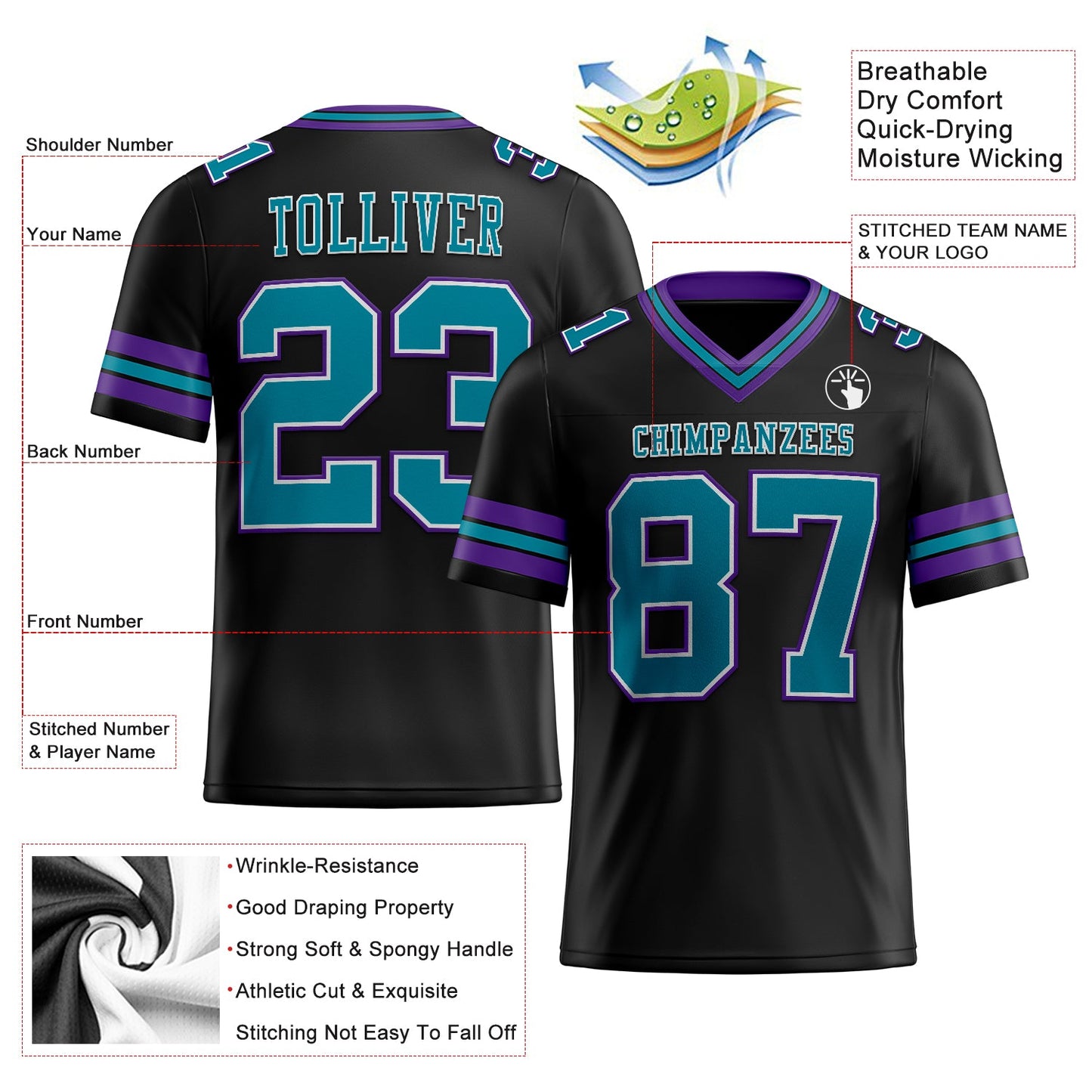 Custom Black Teal-Purple Mesh Authentic Football Jersey Limited