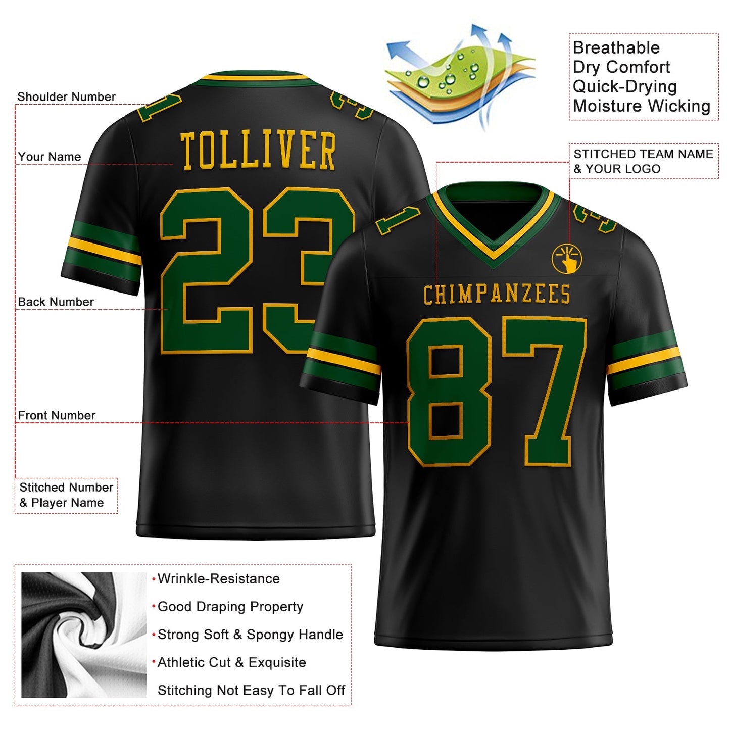 Custom Black Green-Gold Mesh Authentic Football Jersey Limited