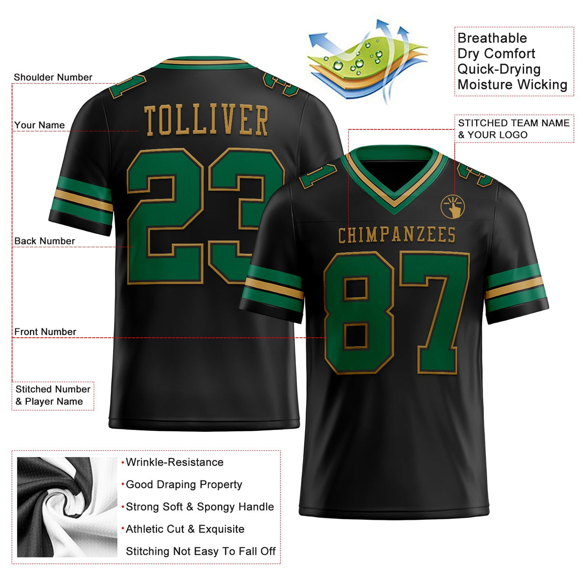Custom Black Kelly Green-Old Gold Mesh Authentic Football Jersey Limited