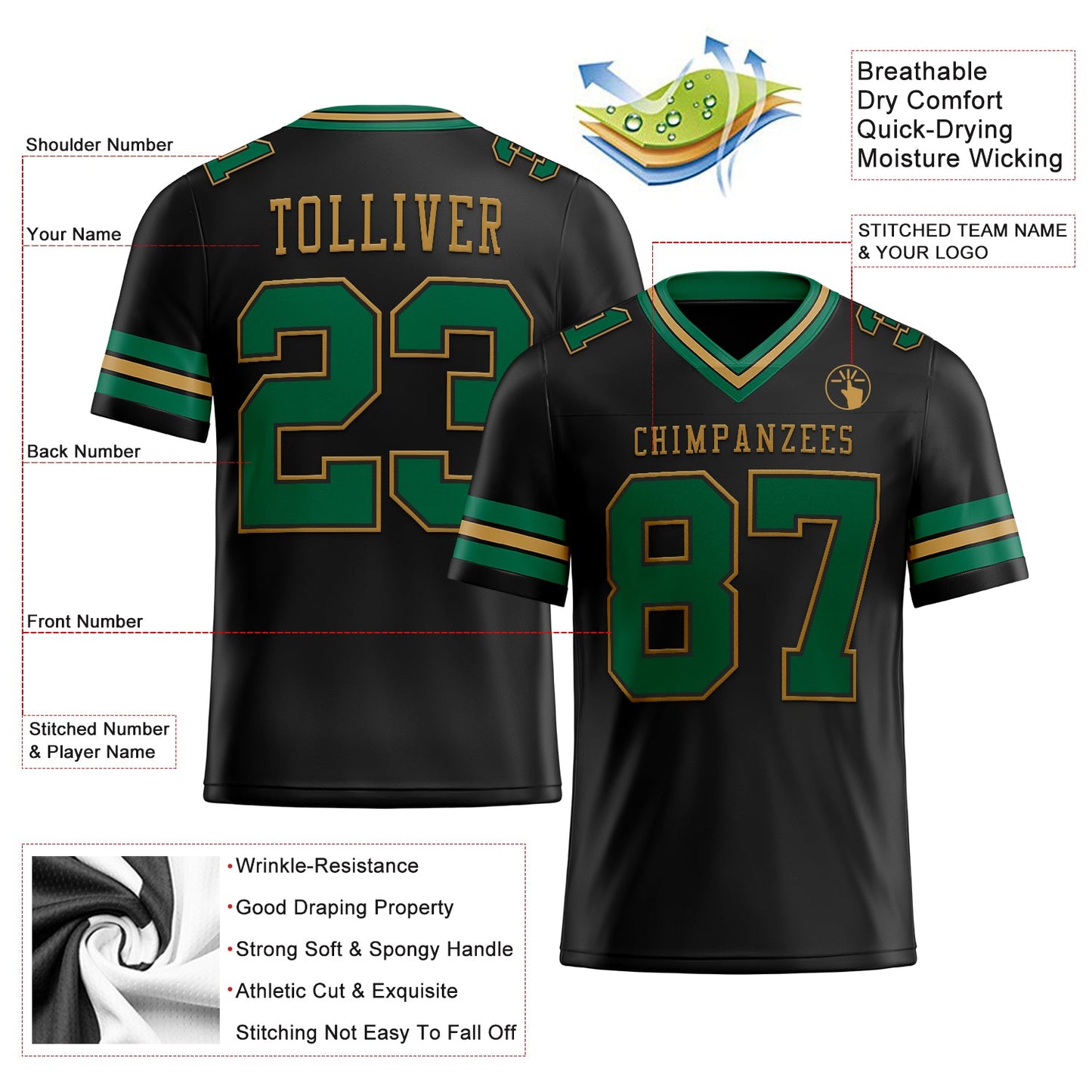 Custom Black Kelly Green-Old Gold Mesh Authentic Football Jersey Limited