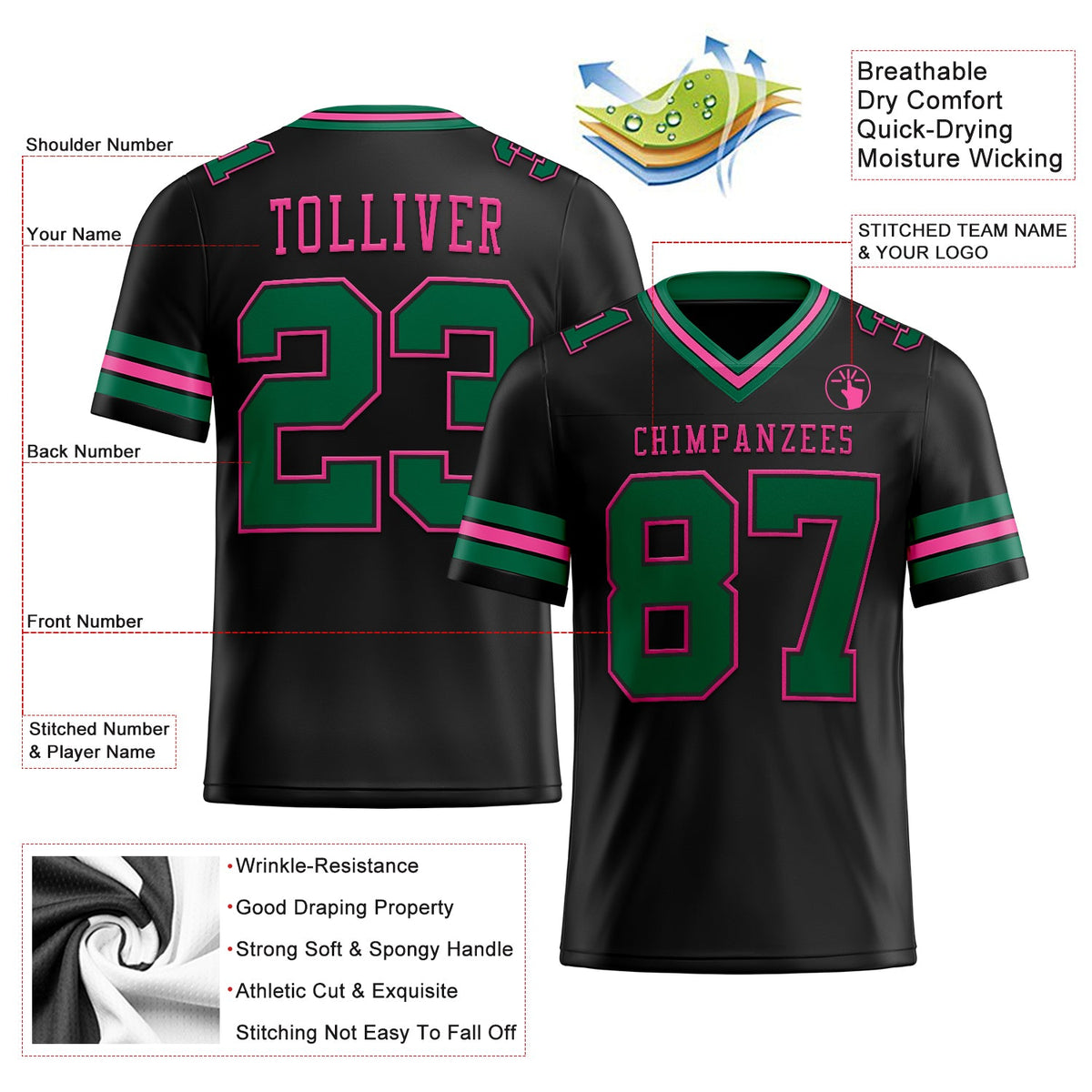 Custom Black Kelly Green-Pink Mesh Authentic Football Jersey Limited