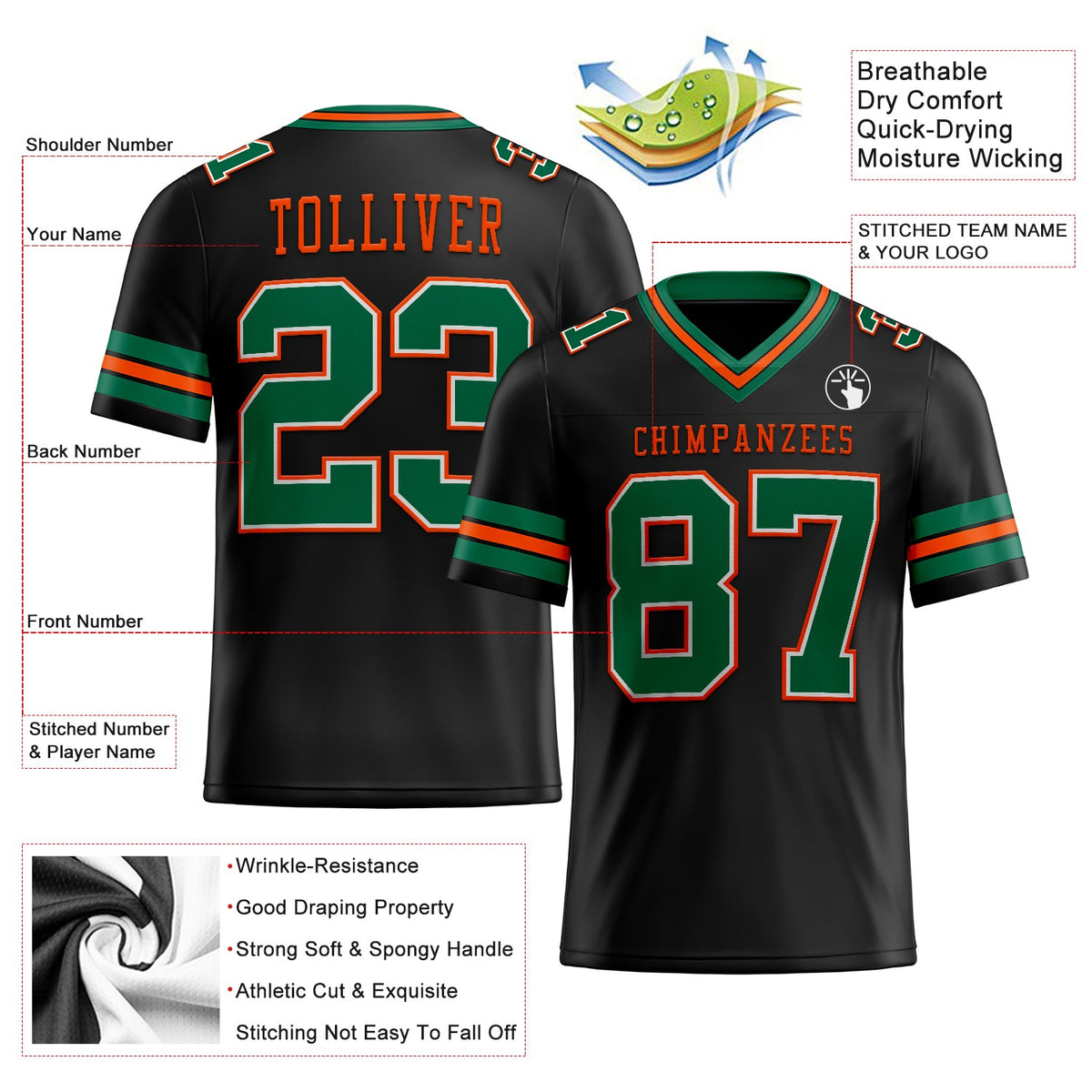Custom Black Kelly Green-Orange Mesh Authentic Football Jersey Limited