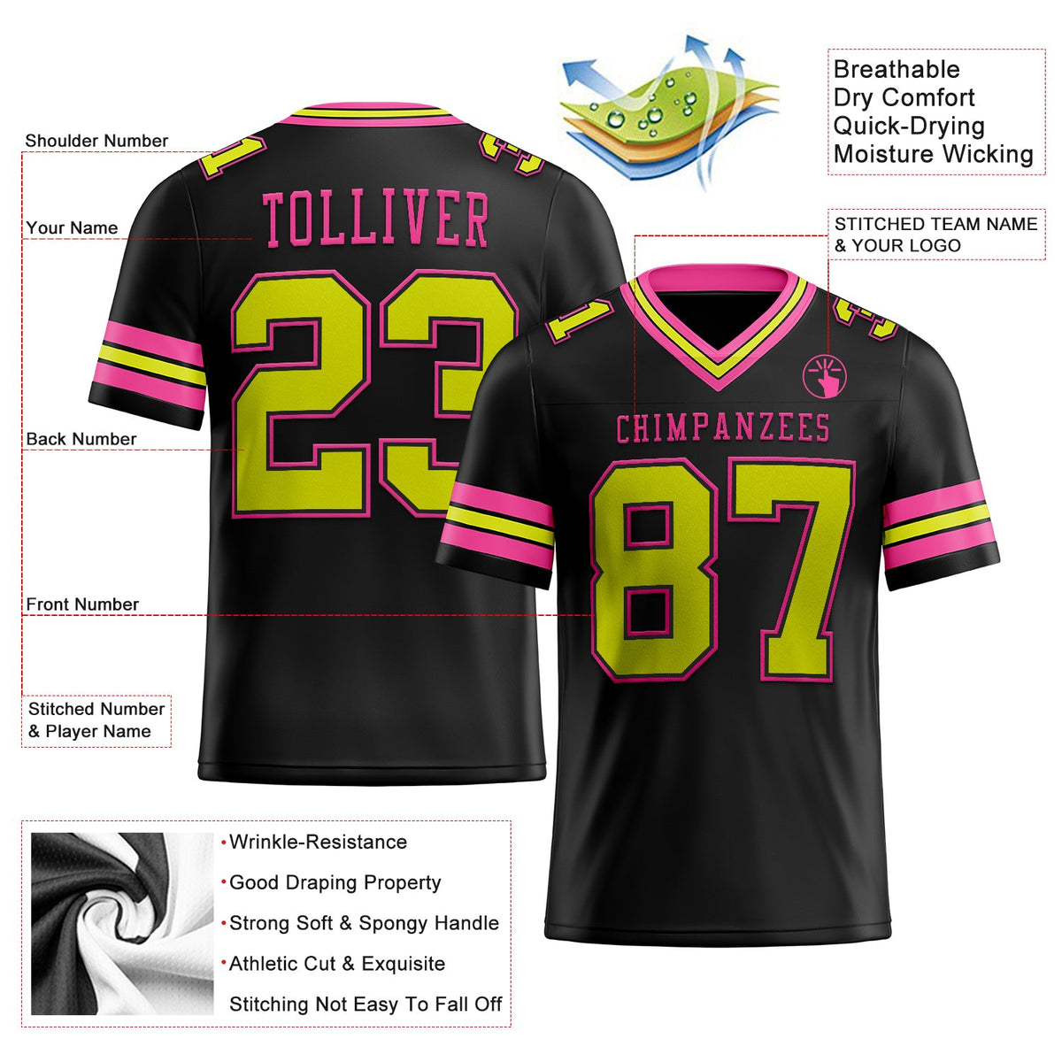 Custom Black Neon Yellow-Pink Mesh Authentic Football Jersey Limited
