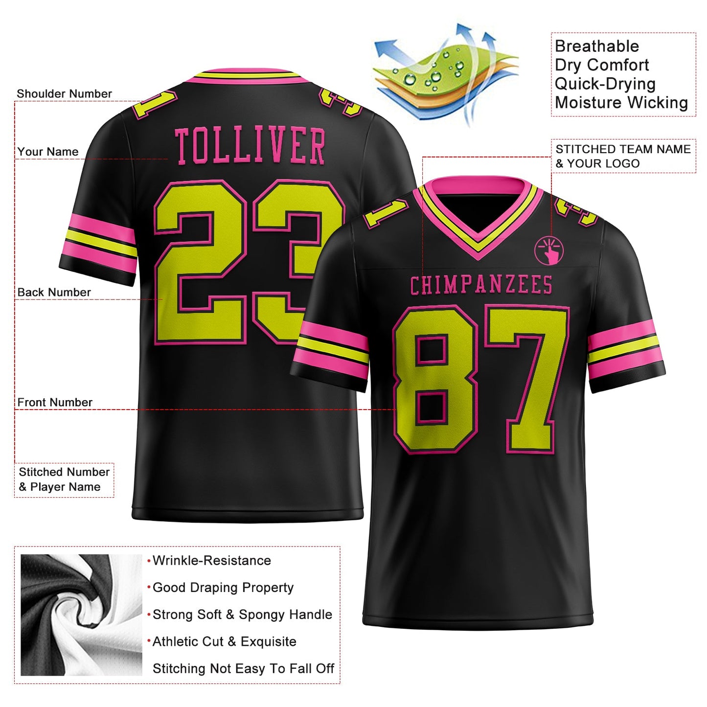 Custom Black Neon Yellow-Pink Mesh Authentic Football Jersey Limited