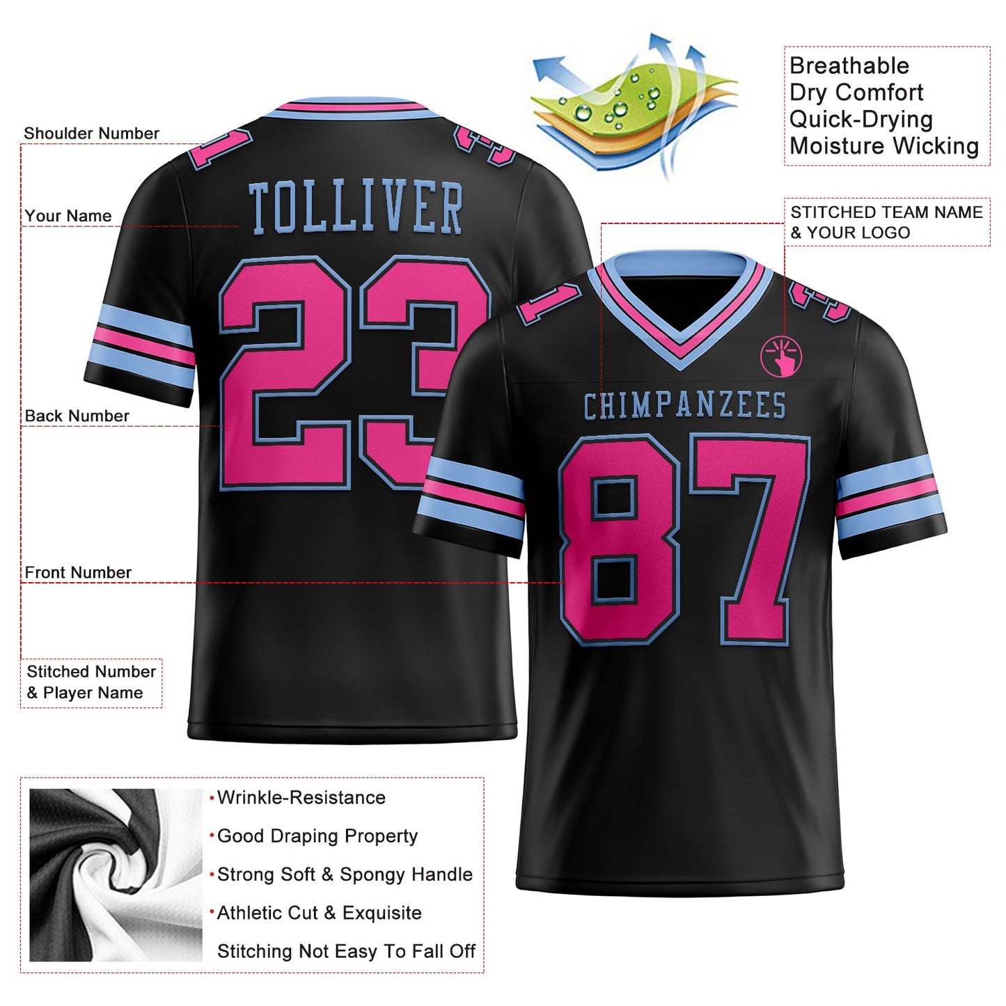 Custom Black Pink-Light Blue Mesh Authentic Football Jersey Limited
