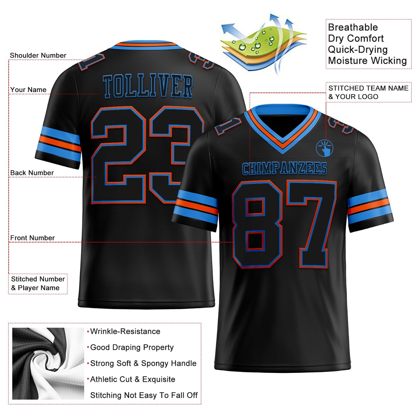 Custom Black Electric Blue-Orange Mesh Authentic Football Jersey Limited