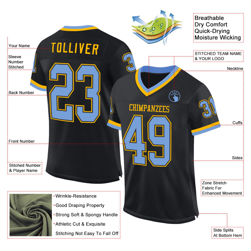 Custom Black Light Blue-Gold Mesh Authentic Throwback Football Jersey Limited