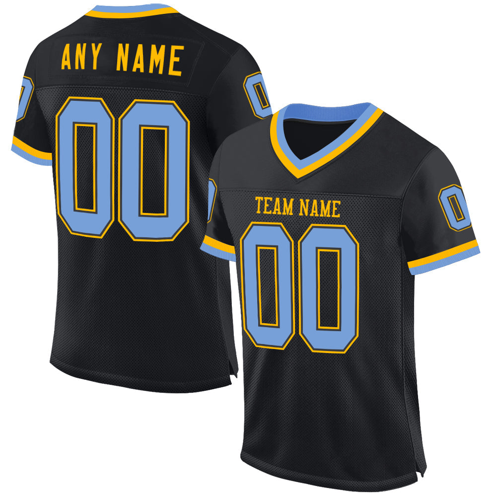 Custom Black Light Blue-Gold Mesh Authentic Throwback Football Jersey Limited