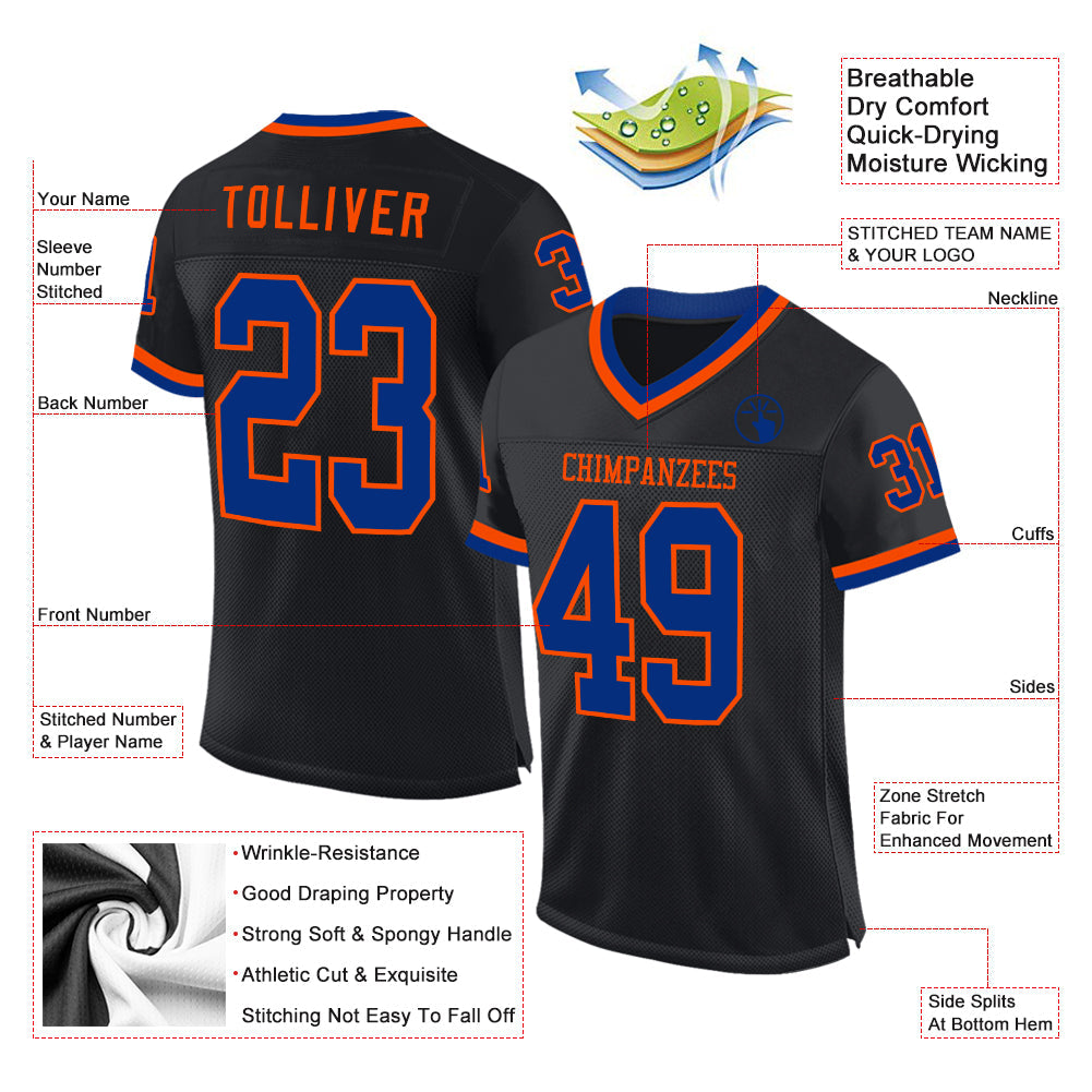 Custom Black Royal-Orange Mesh Authentic Throwback Football Jersey Limited