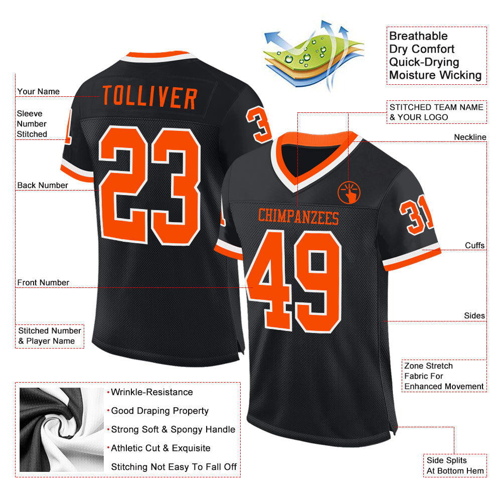 Custom Black Orange-White Mesh Authentic Throwback Football Jersey Limited