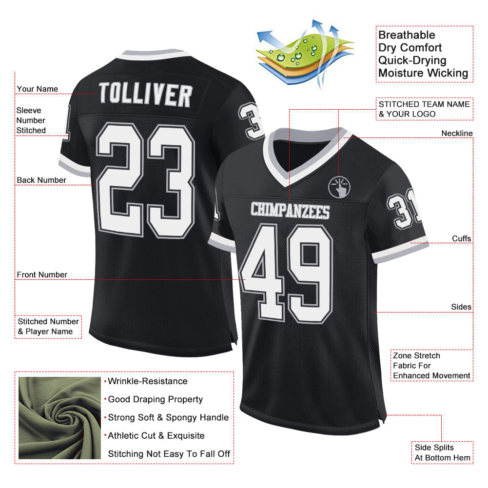 Custom Black White-Gray Mesh Authentic Throwback Football Jersey Limited
