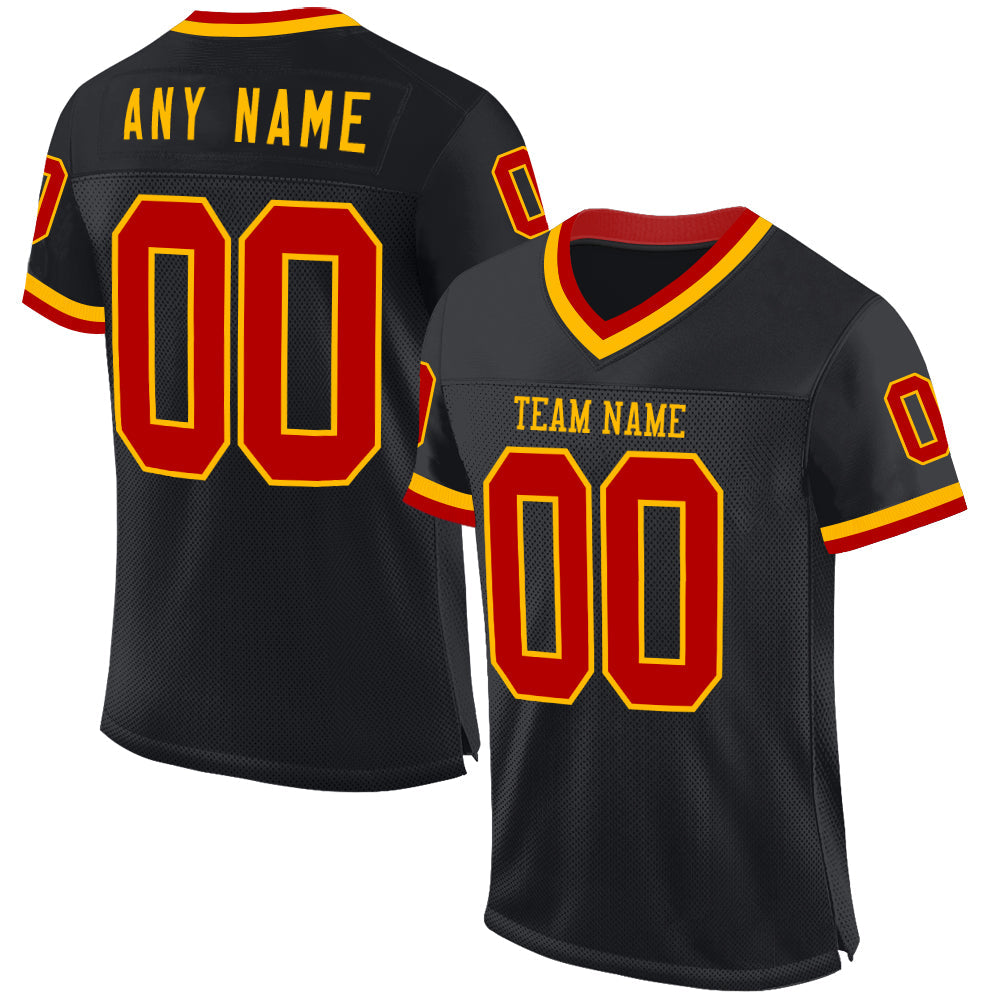 Custom Black Red-Gold Mesh Authentic Throwback Football Jersey Limited